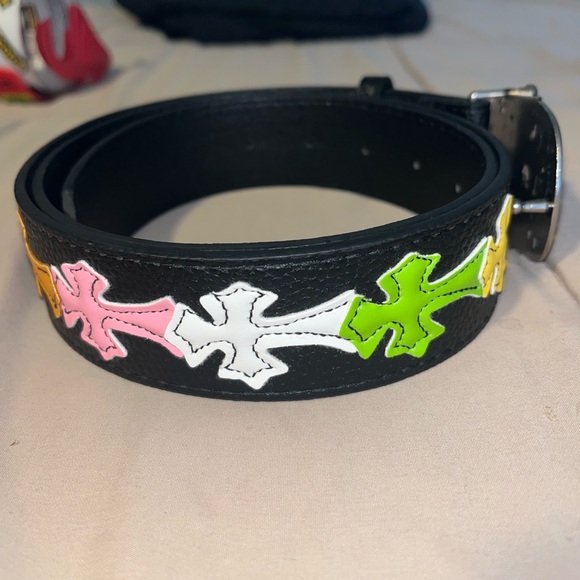 Men’s Chrome Hearts Color Cross Patch Black Belt Silver Gothic Cross Buckle - Picture 5 of 6